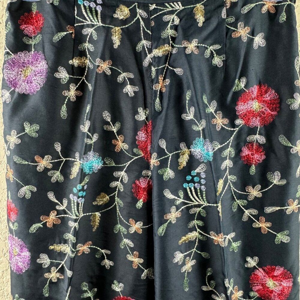 Silkland Vintage Floral Embroidered Silk Lined Pants Women's 6 Black Colorful - Picture 4 of 11